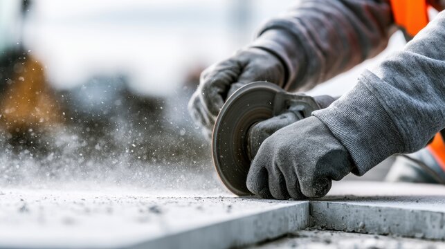 Construction worker using an angle grinder to cut concrete paving slabs on a building site, close-up of gloved hands working with power tools and flying dust