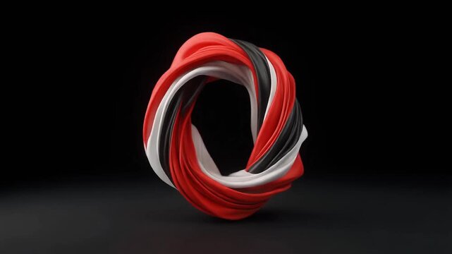 The number 0 sculpted from flowing red, white, and black silk ribbons, cinematic composition animation with black background