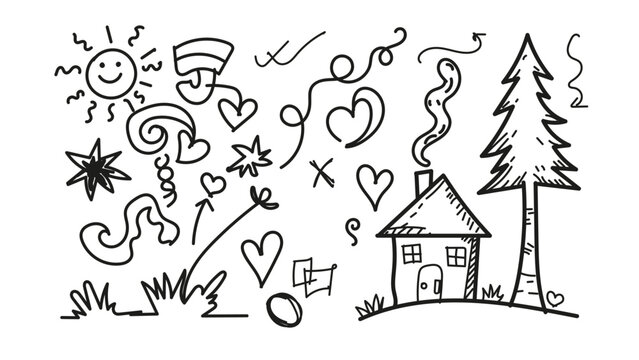 Hand drawn house with tree and doodles