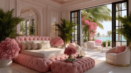 Obraz premium Luxurious pink tufted bedroom suite with lush tropical balcony and ocean view