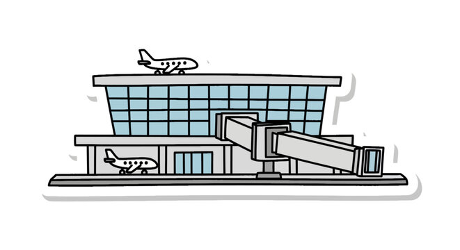 Airport terminal building with jet bridge and airplanes sticker