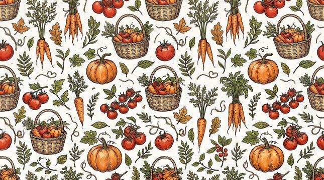 Seamless pattern with hand drawn vegetables pumpkins carrots and tomatoes in wicker baskets for autumn harvest design