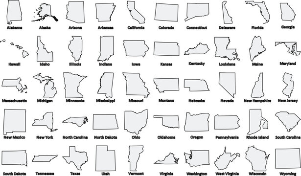 Outline map icons of all US states simple vector shapes for geography and travel