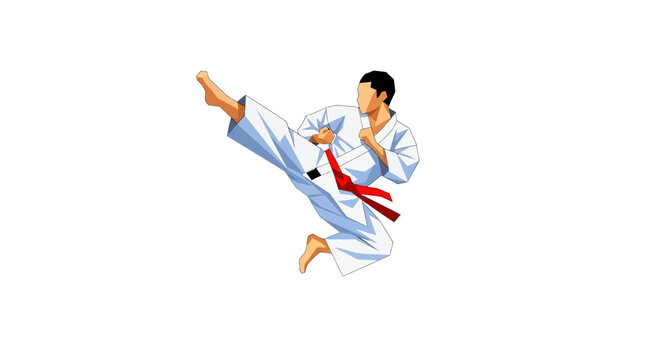 Karate fighter performing a flying side kick in a white gi with red belt