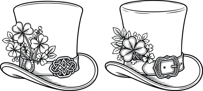 St. Patrick's Day top hat vector illustrations, two festive Irish leprechaun hats with shamrocks and Celtic knot or buckle, black and white line art for holiday designs