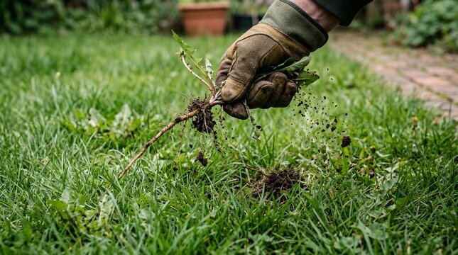 Gardeners Hand Pulling Weeds from Lush Green Lawn.