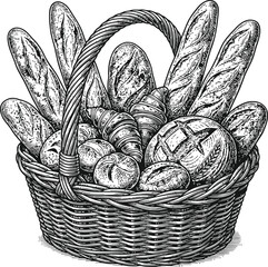 Fototapeta premium Assortment of fresh baked bread and croissants in a woven basket with dramatic lighting and detailed etching style