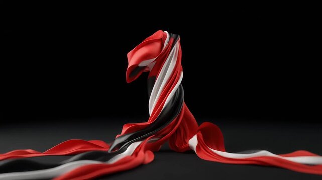 The number 1 sculpted from flowing red, white, and black silk ribbons, cinematic composition animation with black background