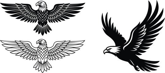 Fototapeta premium Eagle vector mascot illustrations set featuring flying and majestic spread wing positions isolated on white background