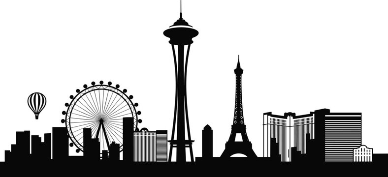 Las Vegas city skyline silhouette featuring landmark tower replica structures Ferris wheel hot air balloon vector illustration isolated on white background