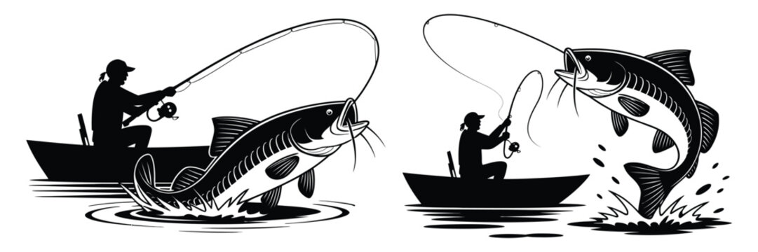 Fisherman in Boat Catching Large Jumping Fish Depicted in Woodcut Stencil Style for Fishing and Nature Graphics