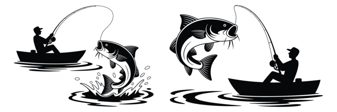 Fisherman in Boat Catching Big Jumping Fish in Woodcut Stencil Style Vector Illustration for Outdoor Adventure Themes