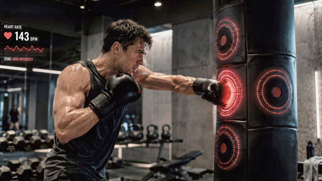 Man hitting smart punching bag with integrated LED targets changing rhythm to match heart rate for stress