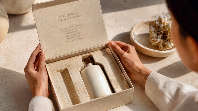 Person opening premium product box made from rigid fully compostable chitin material derived from seafood