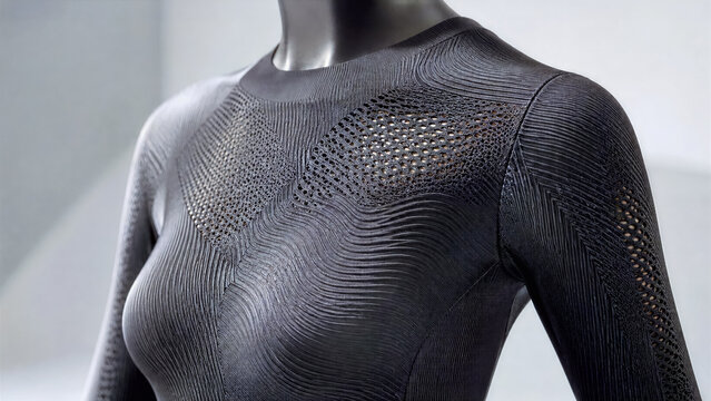 Shape shifting activewear draped on mannequin with fabric changing its micro topography to open ventilation