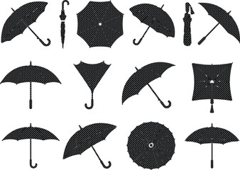 Black umbrella silhouette vector set, 12 diverse umbrella shapes, open and closed parasol icons, rain protection accessory collection for weather and fashion design. © Farzana