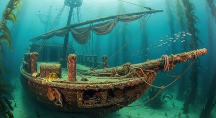 Naklejka premium Sunken Pirate Ship Hull Encrusted Underwater