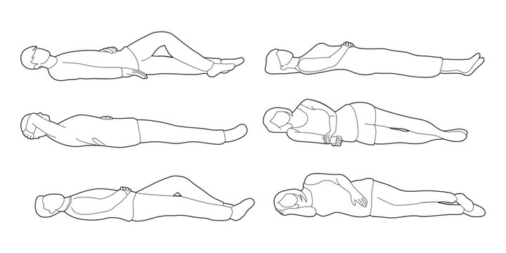 set of people lying down, resting side view for sleeping concept. doodle drawings outline illustration for architectural bedroom presentation. black minimalist continuous line art illustration.