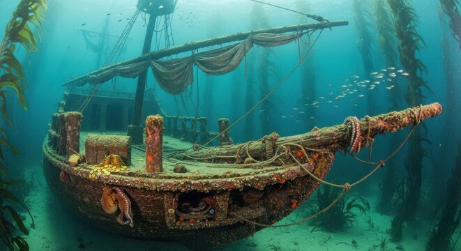 Sunken Pirate Ship Hull Encrusted Underwater