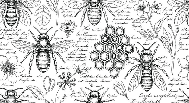 Detailed bee and honeycomb illustration with botanical elements and scientific script on white background for natural science education or vintage design