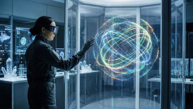 Researcher in futuristic lab with swirling glowing quantum bits forming complex orb of information