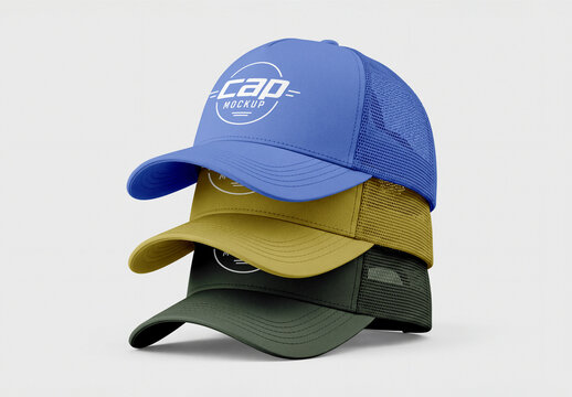 Stack of Three Trucker Cap Mockups