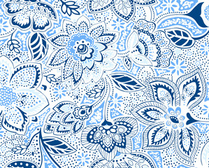 Intricate blue and white floral paisley seamless pattern on light background © Wolfworker