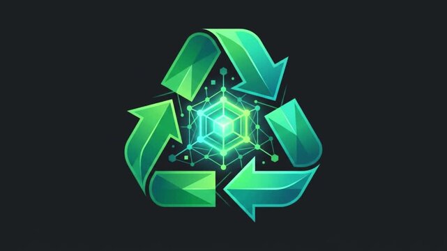 Futuristic green energy recycling symbol with glowing digital circuit matrix patterns on solid black background video loop