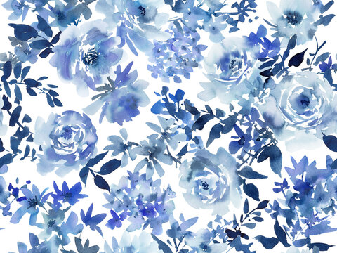 Watercolor modern floral seamless pattern with abstract hand painted blue roses, wild flowers and bird on a transparent background for fabric, wedding invitation and surface design