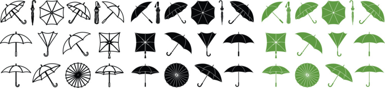 Umbrella icon set, a collection of 45 vector umbrella illustrations in various styles and colors, perfect for weather, rain, and protection designs, black and green parasol graphics.