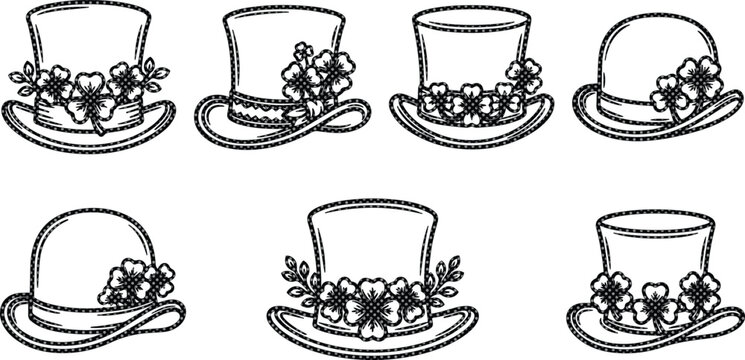 St. Patrick's Day top hat collection, seven vintage-style leprechaun hats with shamrock and clover decorations, black and white vector illustration set for Irish holiday designs