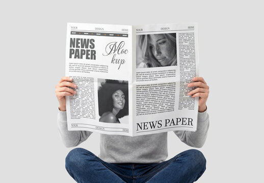 Reading Open Newspaper Mockup Held in Hands Front View