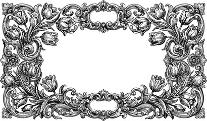 Obraz premium Intricate baroque floral border design with tulips and ornate scrollwork in monochrome etching style for decorative framing