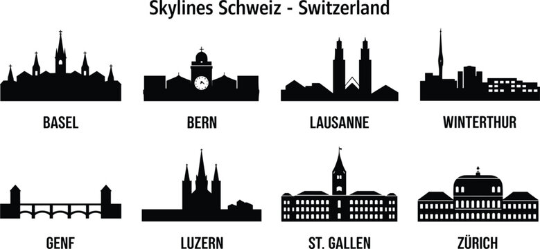 Switzerland city skyline silhouette set featuring Basel Bern Lausanne Winterthur Genf Luzern St Gallen Zurich vector illustration isolated on white background
