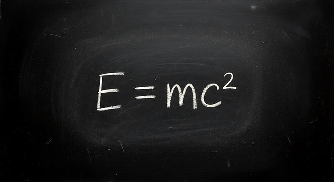 Chalkboard showing the famous mass-energy equivalence equation written in white dust against a textured dark background to represent a fundamental concept in theoretical physics and science.