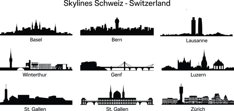 Switzerland city skyline silhouette set featuring Basel Bern Lausanne Winterthur Genf Luzern St Gallen Zurich vector illustration isolated on white background