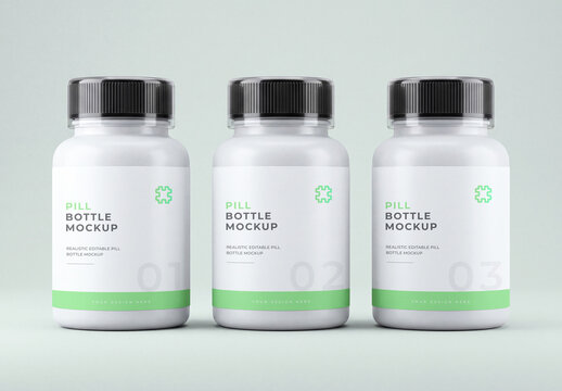 Three Realistic Pill Bottles Mockup with Customizable Label