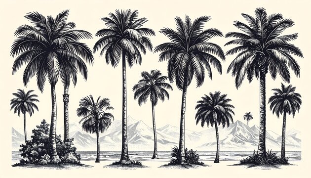 Black and white artistic depiction of several stylized palm trees and coastal scenery