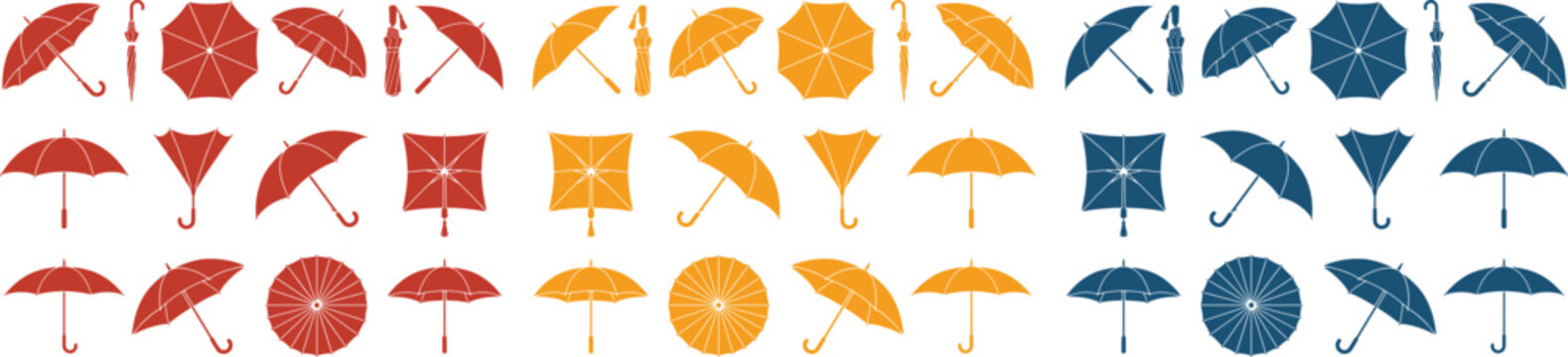 Colorful umbrella vector set, various open and closed parasol illustrations, red, orange, and blue rain protection icons, weather forecast graphic elements for web and print design