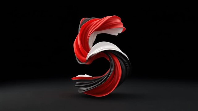 The number 5 sculpted from flowing red, white, and black silk ribbons, cinematic composition animation with black background