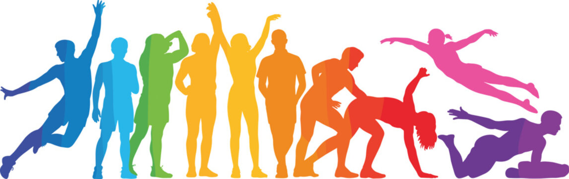 Colorful rainbow silhouette people group active sport lifestyle fitness diverse athletic crowd vector illustration graphic isolated on white background