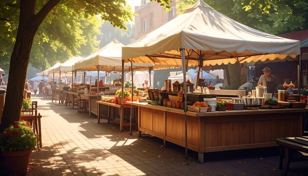 Bustling outdoor marketplace under sunny skies. Wooden stalls display produce and goods, lined along a brick-paved path, with trees providing shade