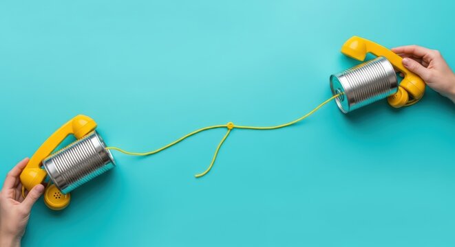 Homemade tin can telephone on blue.