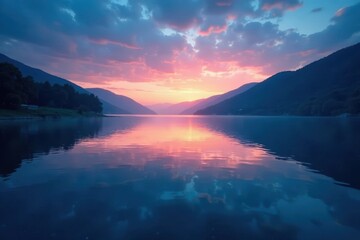 Fototapeta premium Soft blue glow radiates from a serene lake at dusk, water, peaceful, serene