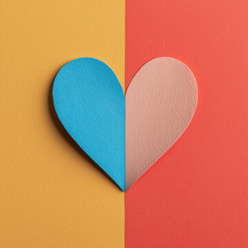 Blue and peach paper heart on yellow and red background, 옐로우와 레드 배경 위의 블루와 피치 종이 하트