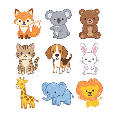 Fototapeta premium Cute Animals Collection: A delightful assortment of nine hand-drawn, cartoon-style animals, including a fox, koala, bear, cat, beagle, rabbit, giraffe, elephant, and lion.