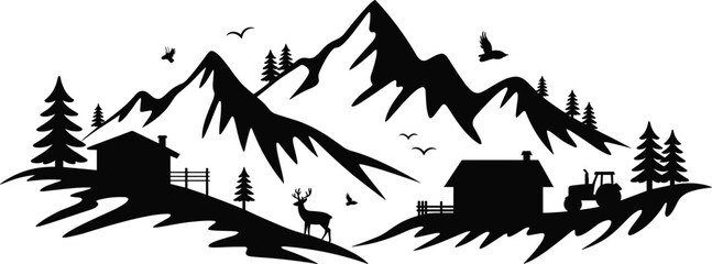 Obraz premium Mountain landscape silhouette with deer wild animals log cabin village pine trees tractor vector illustration isolated on white background