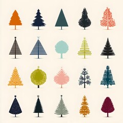 Obraz premium Collection of decorative tree icons in various colors and styles for design and infographic use.