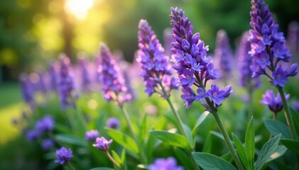 Obraz premium Softly glowing lavender flowers lined with vibrant purple blossoms and lush green leaves in a serene garden setting, garden, flower, foliage