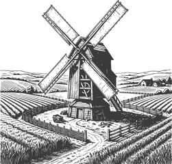 Fototapeta premium Vintage windmill with rotating blades in a rural landscape during daylight with cultivated fields and distant houses